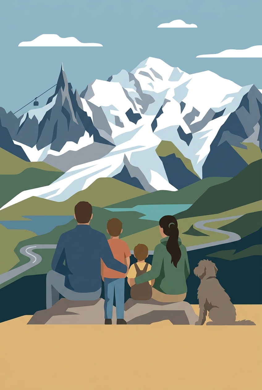 Affiche de famille de dos devant Les Alpes