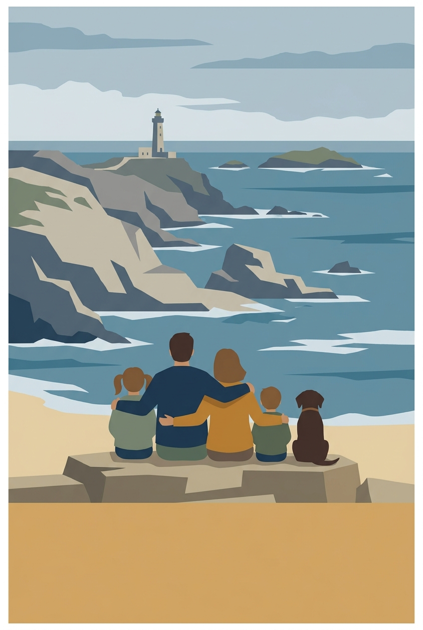 Affiche de famille de dos devant La Bretagne