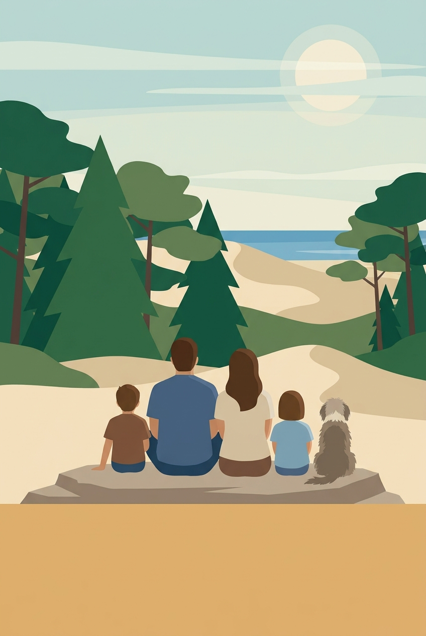 Affiche de famille de dos devant Les Landes