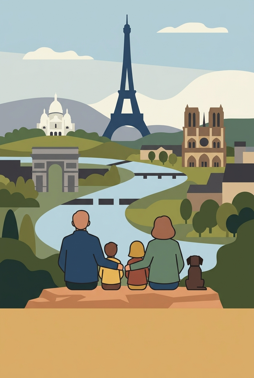 Affiche de famille de dos devant Paris