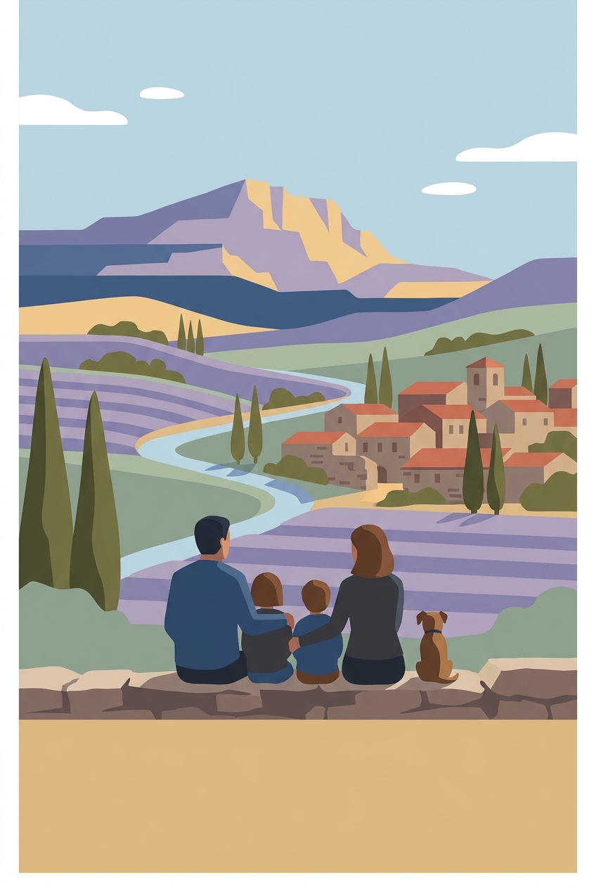 Affiche de famille de dos devant La Provence