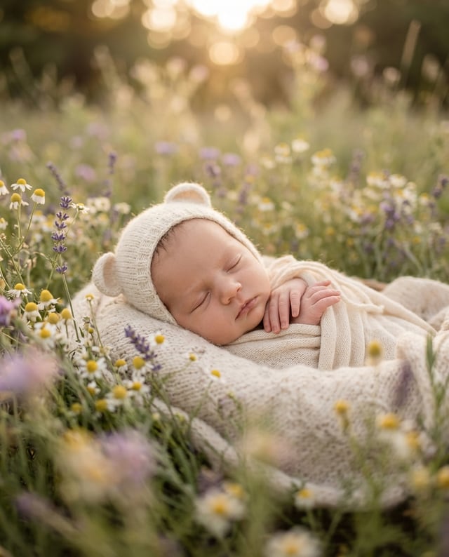 Portrait de naissance bébé seul, style Champ de fleurs