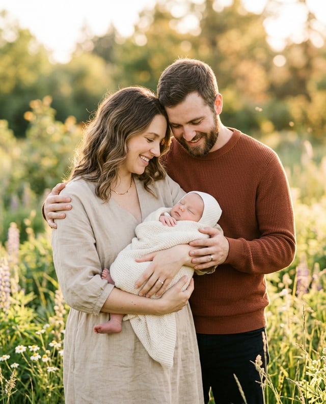 Portrait de naissance avec la famille, style Plein air doré