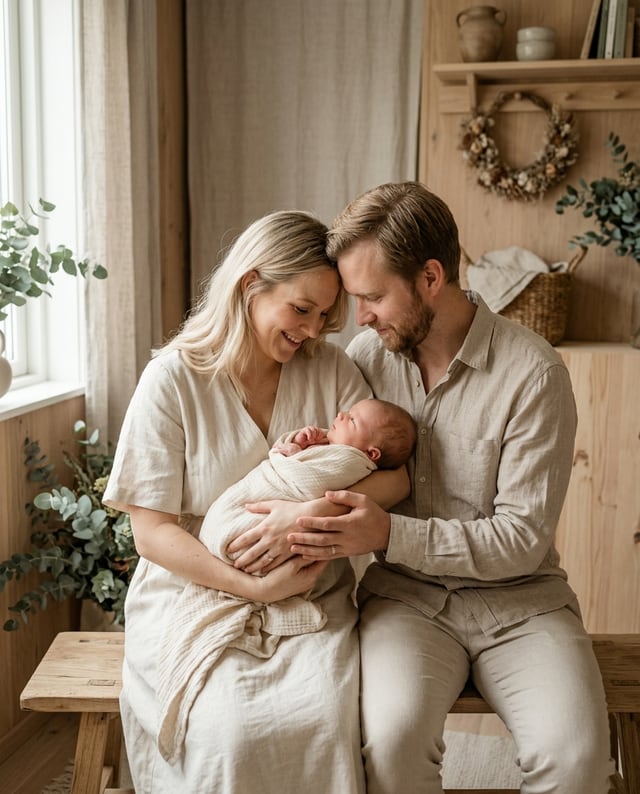 Portrait de naissance avec la famille, style Naturel lin