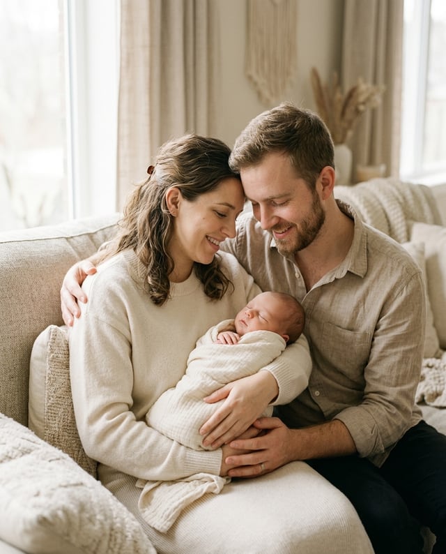 Portrait de naissance avec la famille, style Studio doux