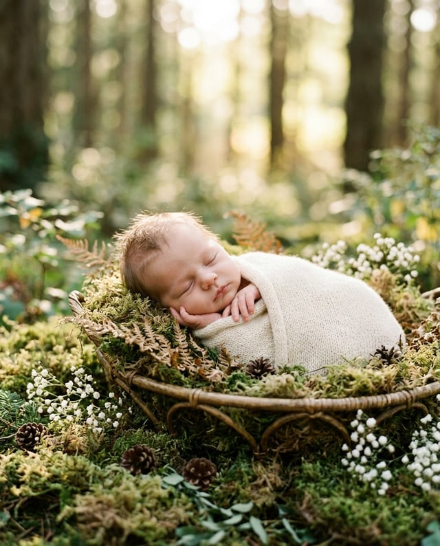 Portrait de naissance bébé seul, style Forêt enchantée