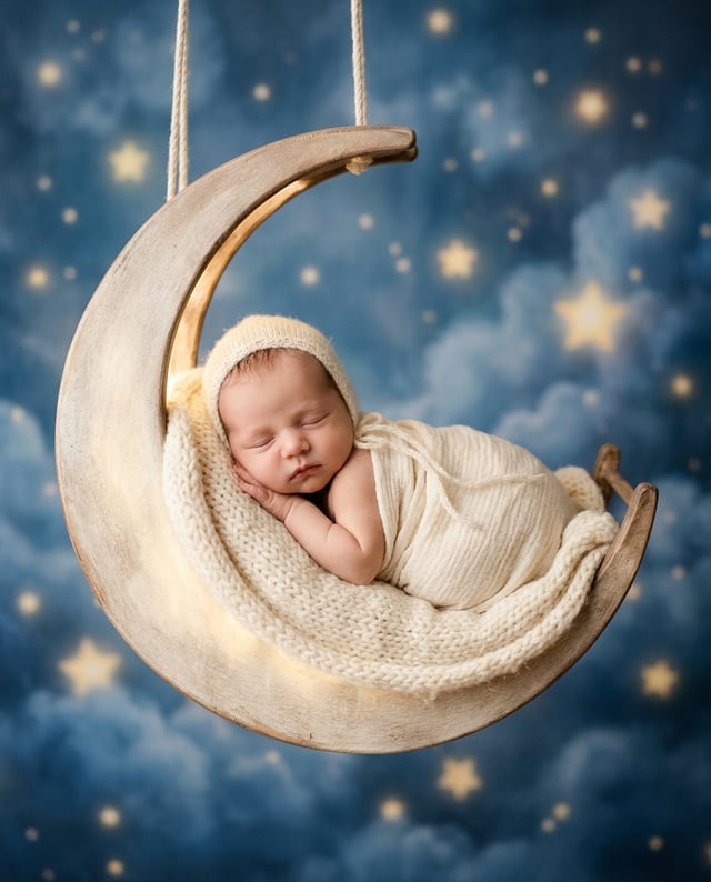 Portrait de naissance bébé seul, style Sur la lune