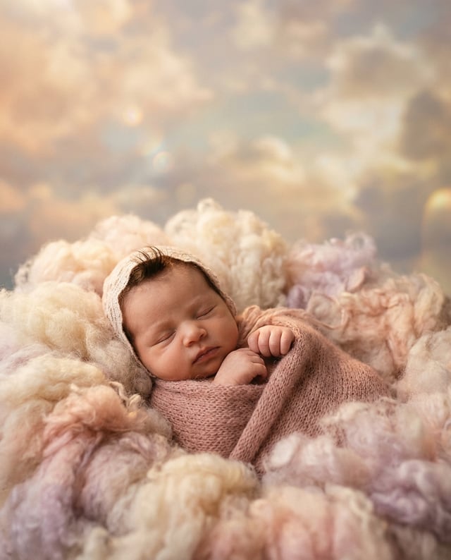 Portrait de naissance bébé seul, style Nuages célestes