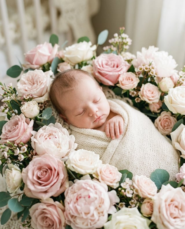 Portrait de naissance bébé seul, style Écrin de roses