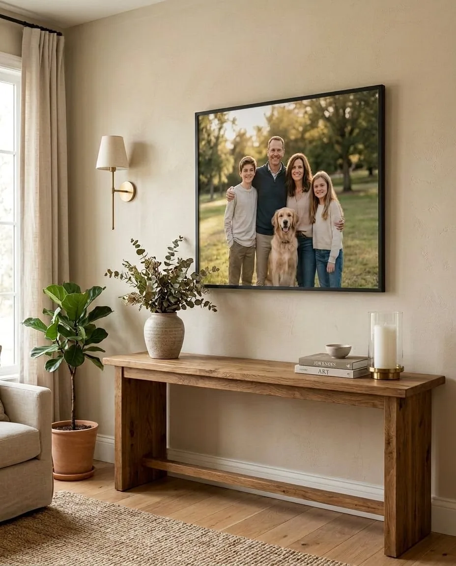 Le portrait de famille encadré, accroché dans le salon
