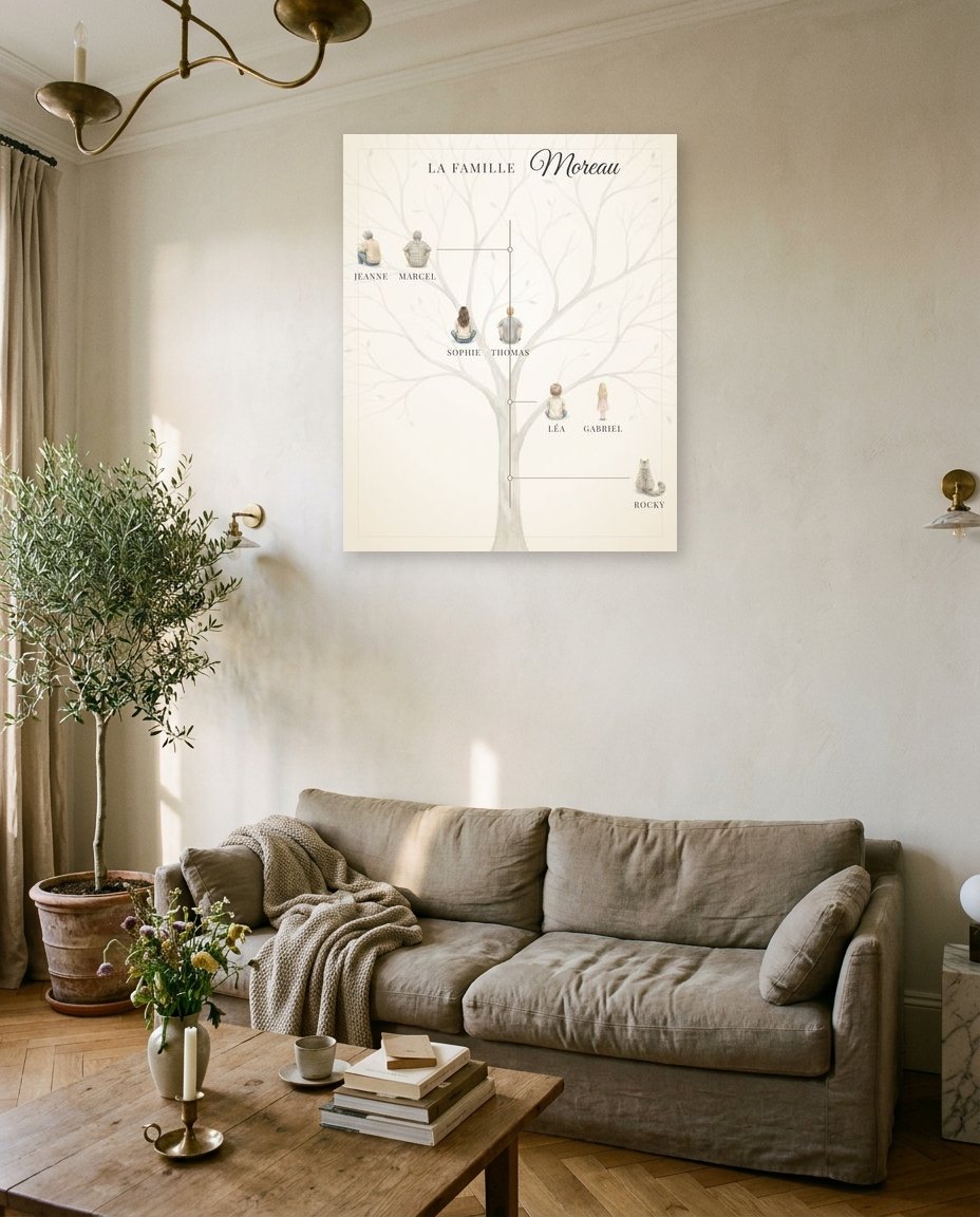 Arbre généalogique sur toile dans un salon : la famille Moreau vue de dos sur les branches d’un arbre, sur trois générations, avec les prénoms