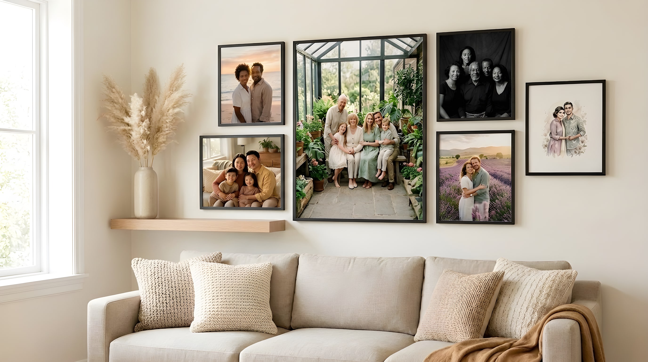 Mur de portraits de famille encadrés au-dessus d’un canapé, créations Lullae variées