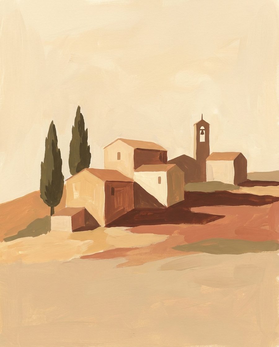 Village au soleil, affiche paysage