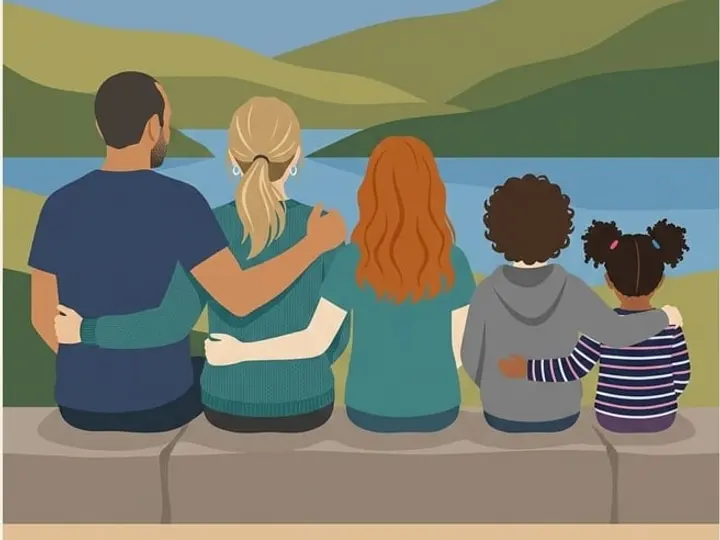 Affiche d’une famille vue de dos, face aux collines de Provence