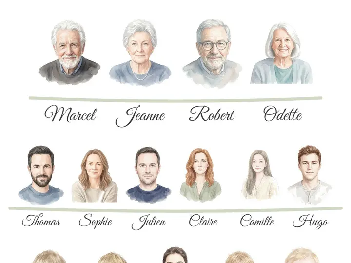 Arbre généalogique avec le portrait et le prénom de chaque membre de la famille
