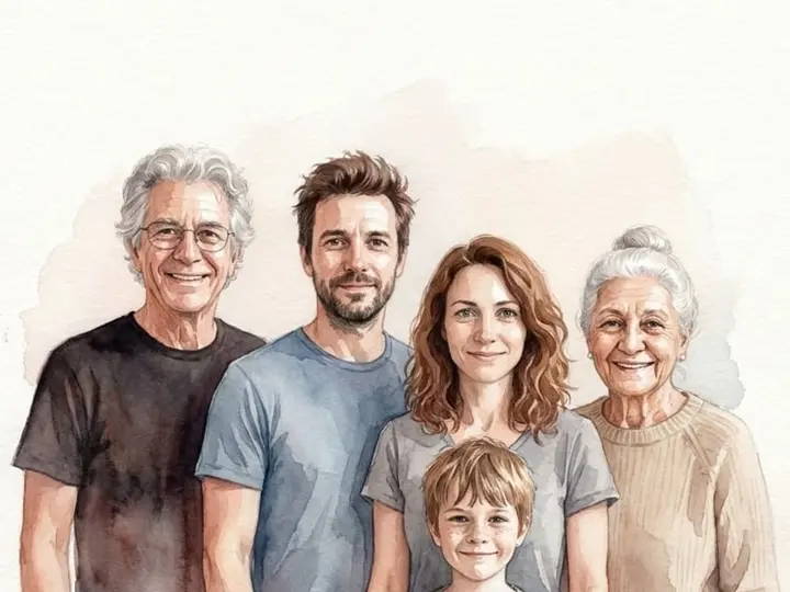 Portrait de famille à l’aquarelle réunissant trois générations