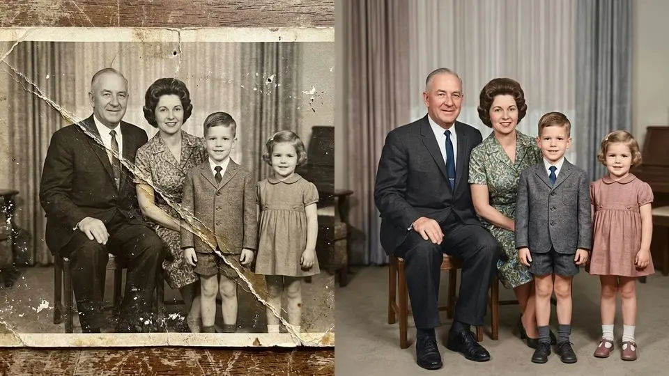 Photo de famille ancienne déchirée, puis la même photo restaurée et colorisée