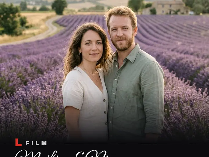 Affiche façon film, avec la photo d’un couple dans un champ de lavande