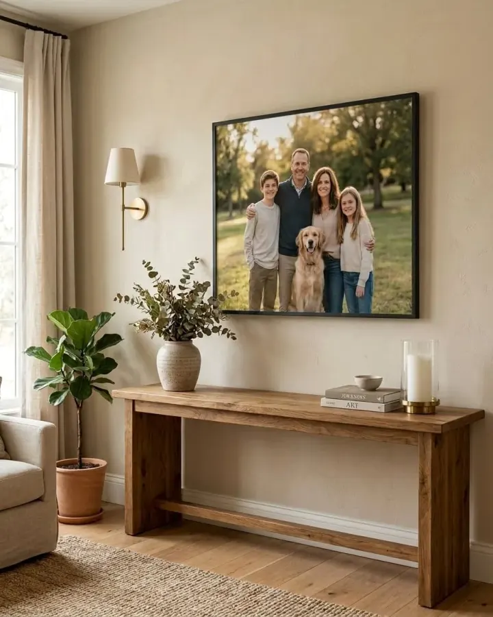 Photo de famille imprimée et encadrée, accrochée au-dessus d’une console de salon