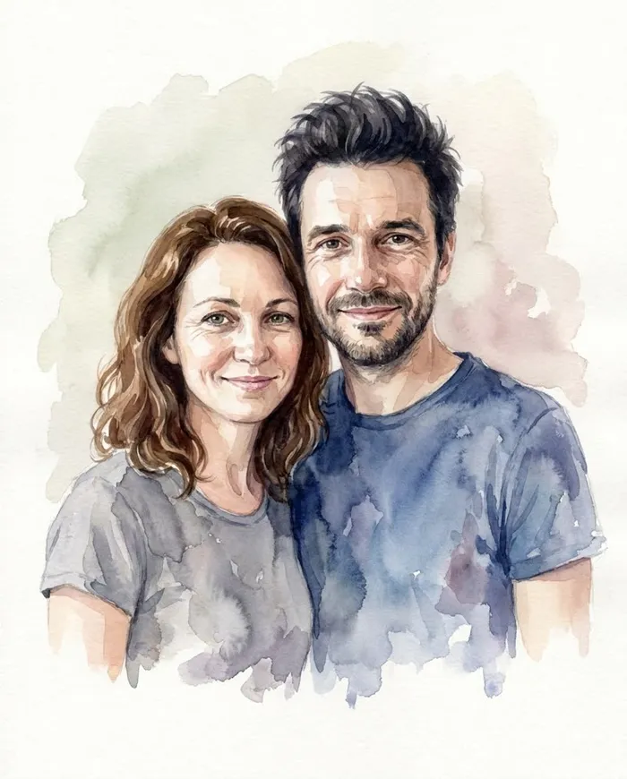 Portrait de couple personnalisé peint à l’aquarelle, composé d’après une photo de chacun