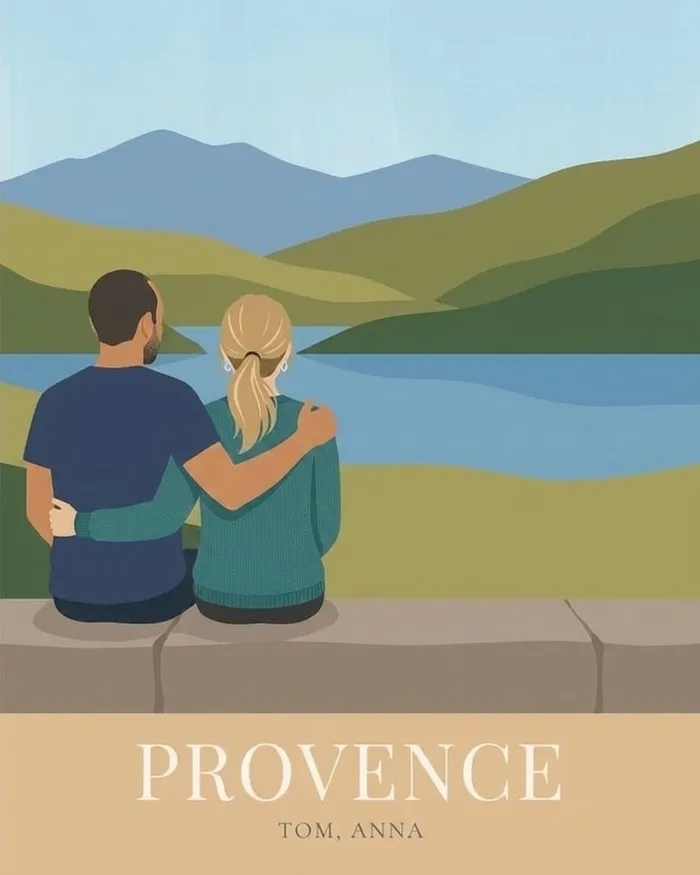 Affiche personnalisée d’un couple vu de dos face à un lac et des montagnes, avec leurs prénoms