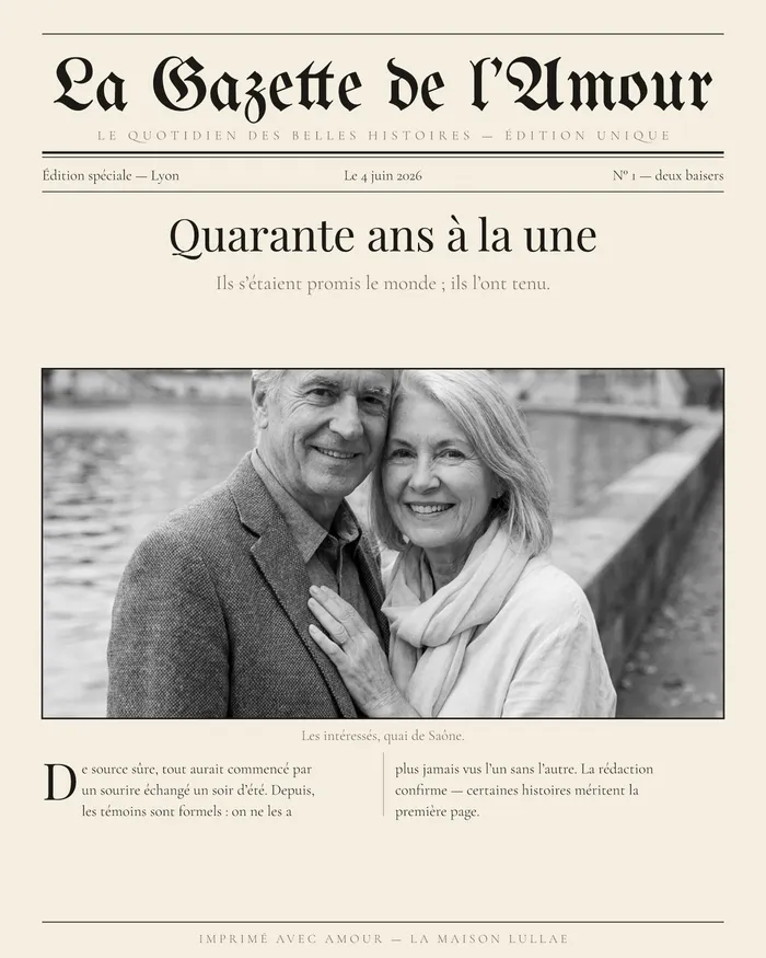 Une de journal rétro personnalisée avec la photo d’un couple et le récit de leur histoire
