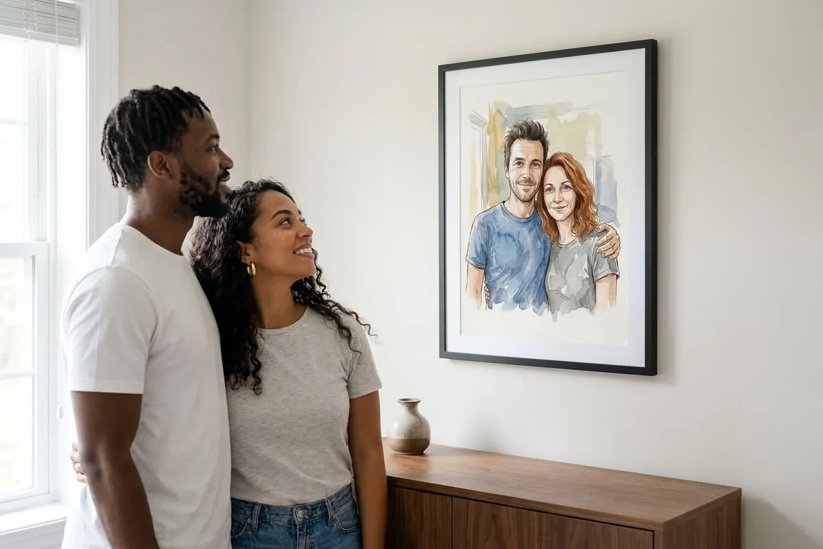 Couple regardant son portrait à l’aquarelle encadré, un cadeau de Saint-Valentin pour lui