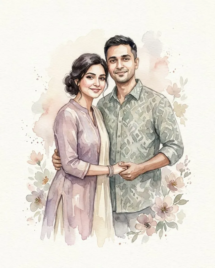 Portrait de couple composé d’après une photo de chacun, dans un décor choisi