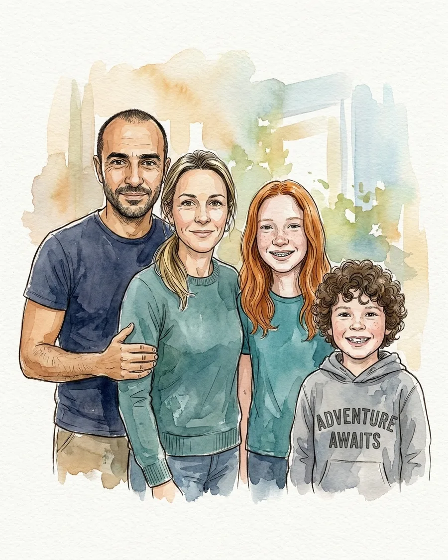 Portrait de famille peint à l’aquarelle et à l’encre, quatre visages réunis