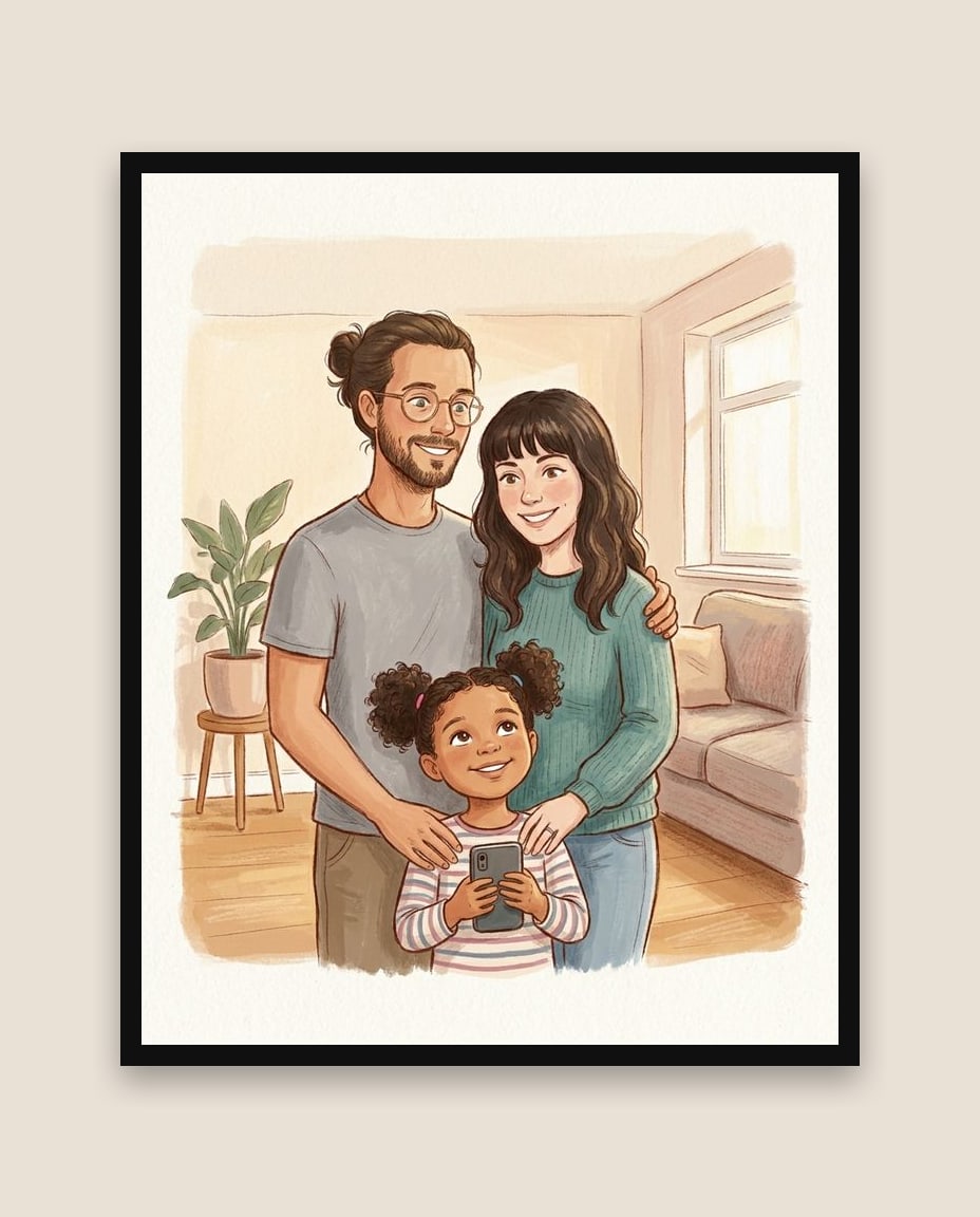 Jeune famille en extérieur, portrait encadré