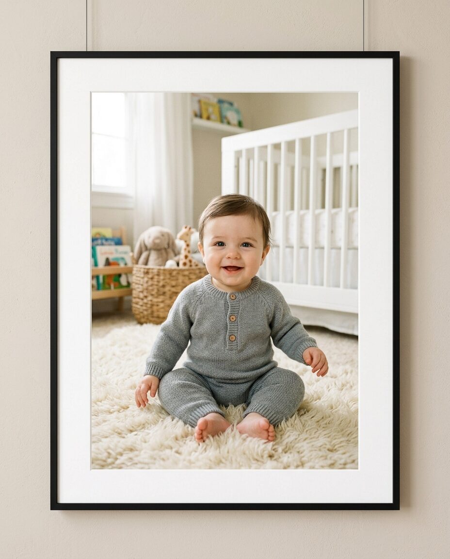 Portrait de naissance encadré : un bébé souriant, accroché dans sa chambre