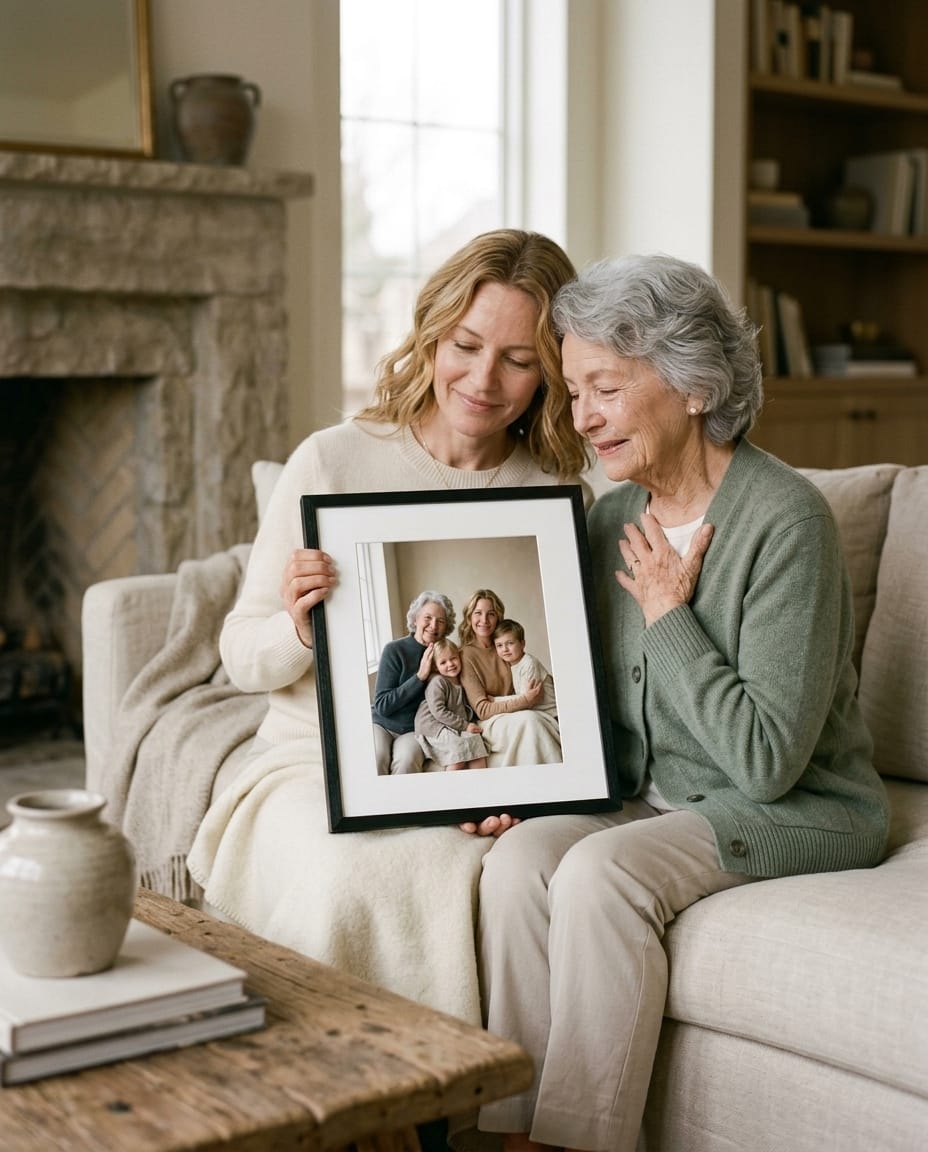 Une grand-mère émue, main sur le cœur, découvre avec sa fille le portrait de famille réuni sur lequel figurent les mêmes proches