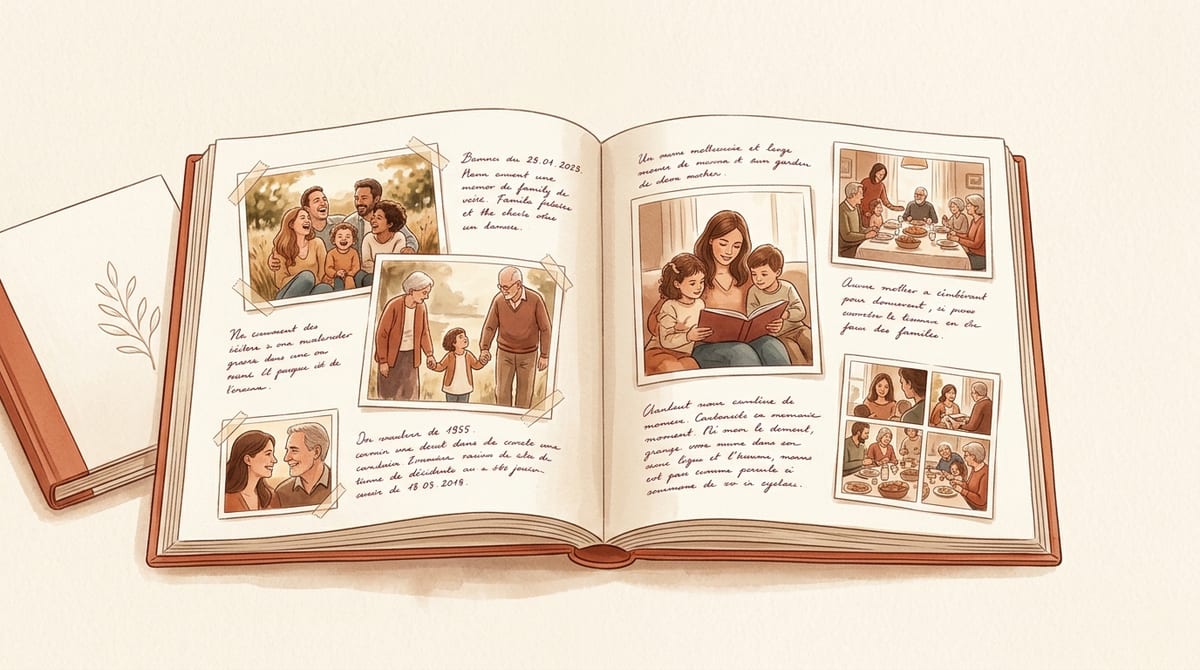 Livre de vie ouvert avec photos et souvenirs