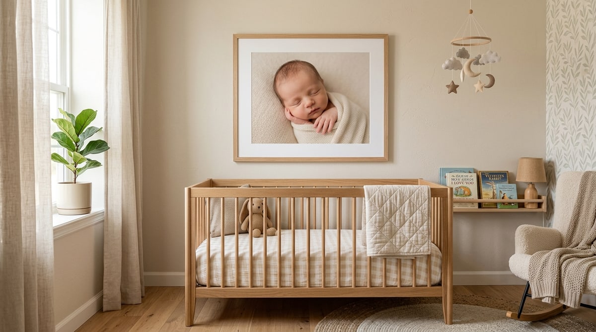 Affiche de naissance encadrée dans une chambre de bébé