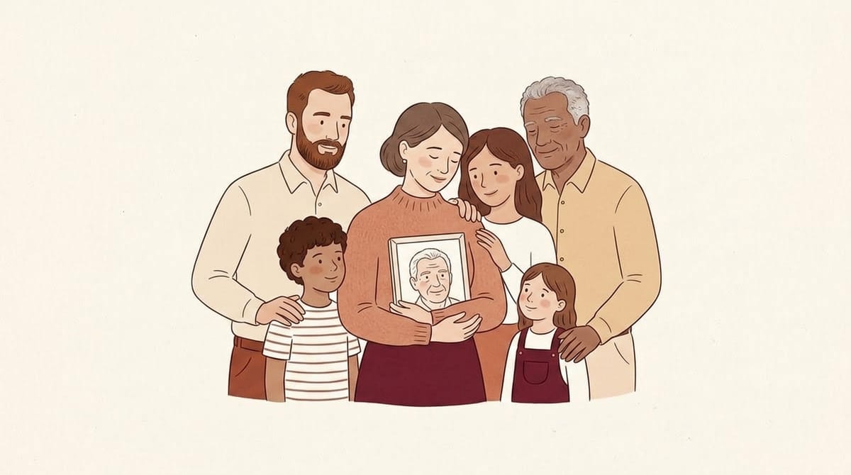 Illustration : une famille tient le portrait encadré d’un proche disparu, hommage