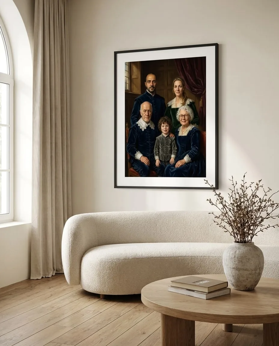 Portrait de famille multigénérationnel encadré, pièce maîtresse d'un salon élégant