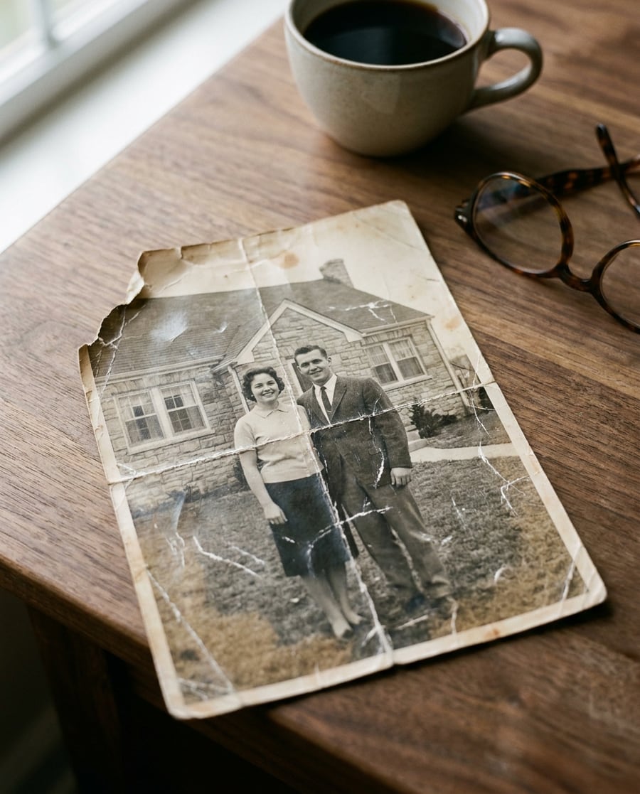 Vieille photo de famille abîmée, posée sur une table en bois