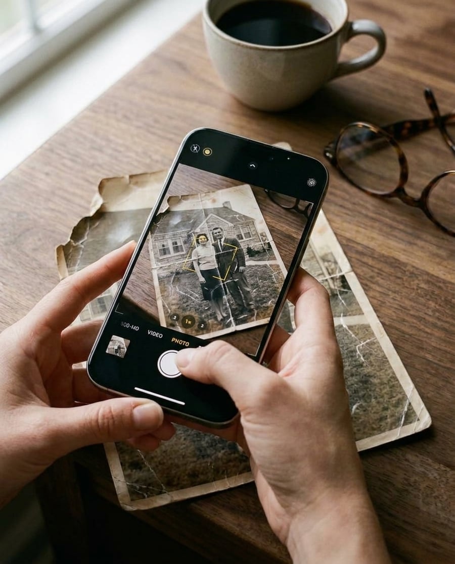 Une main photographie le tirage abîmé avec un iPhone, application photo ouverte