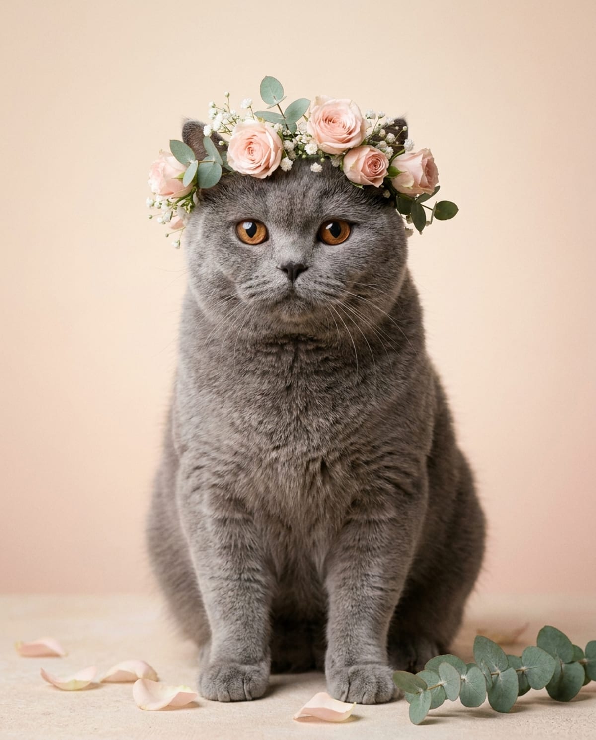 Portrait personnalisé d’un chat blanc couronné de fleurs fraîches, encadré et posé au mur