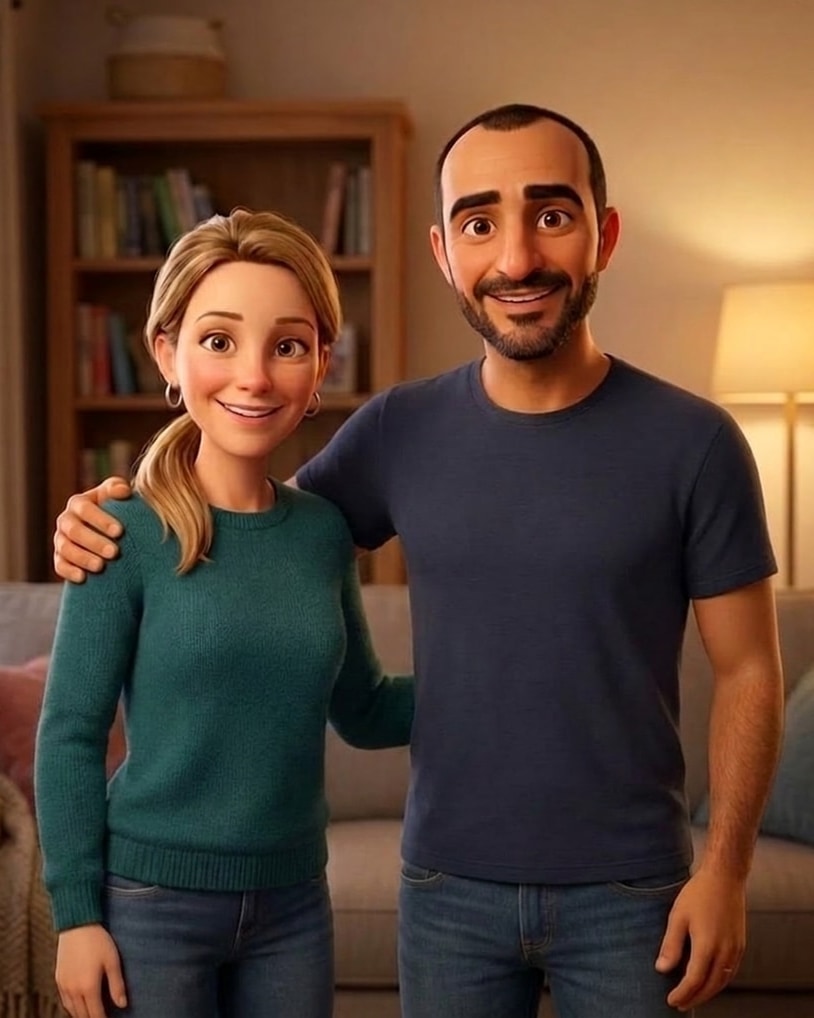 Portrait de couple en film d’animation 3D, dans un salon avec une bibliothèque et une lampe allumée