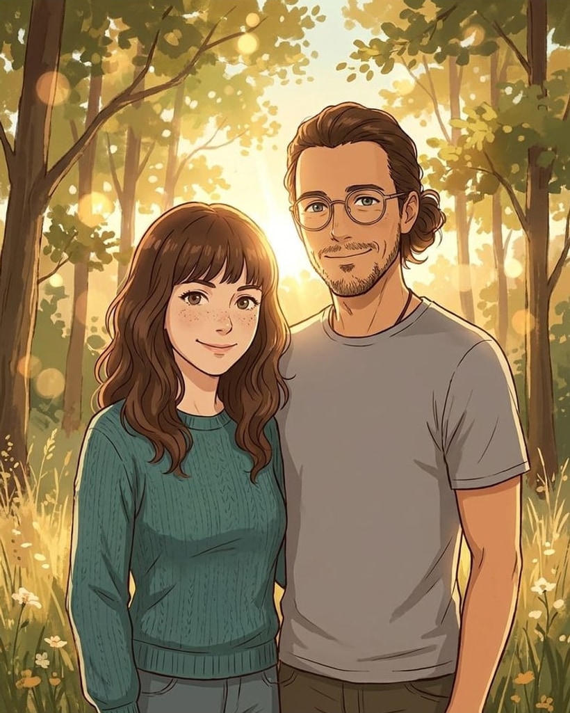 Portrait de couple style manga : elle en pull vert, lui à lunettes, dans une forêt baignée de soleil