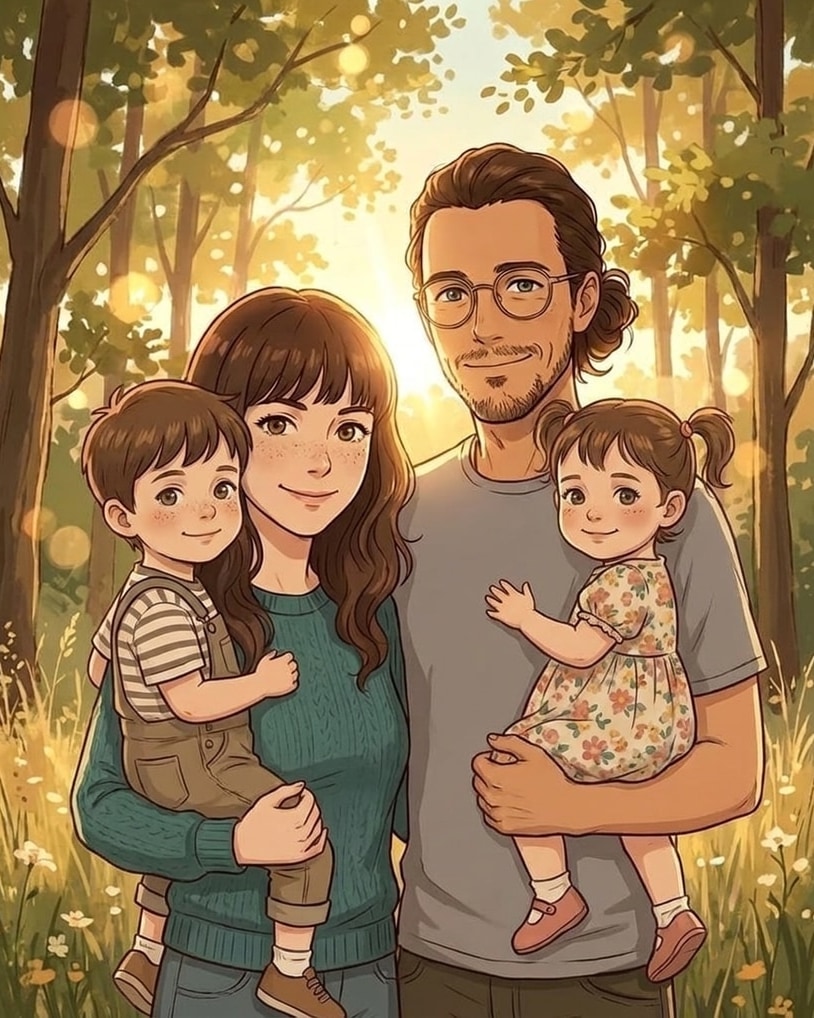 Portrait manga, affiche personnalisée famille