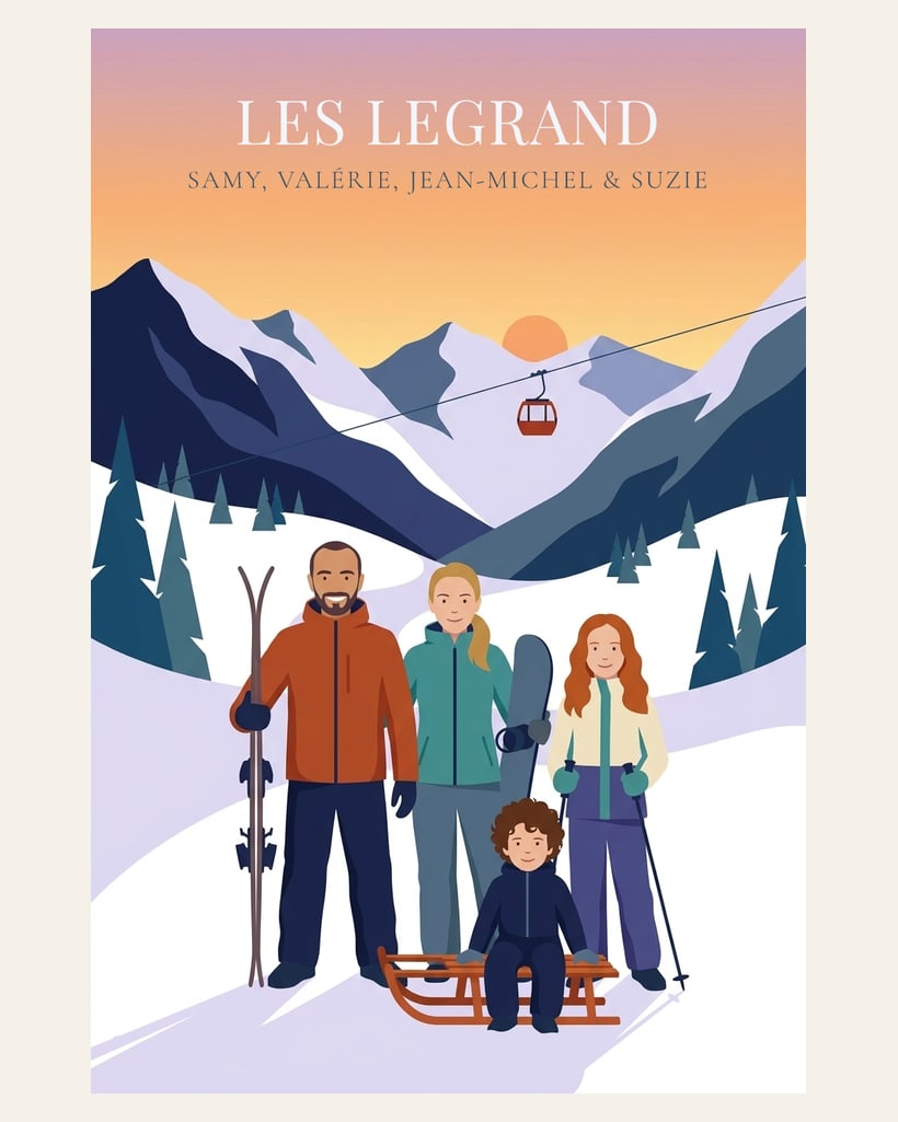Famille à la montagne, affiche personnalisée famille