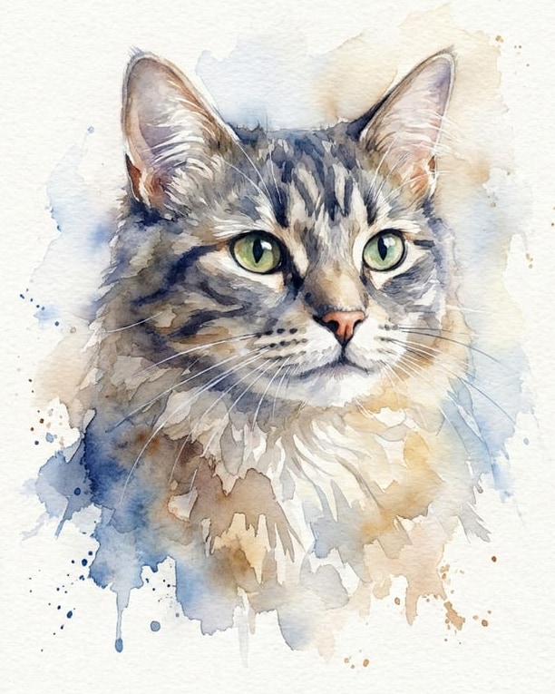 Portrait chat personnalisé à l’aquarelle : chat tigré aux yeux verts, couleurs qui débordent du trait