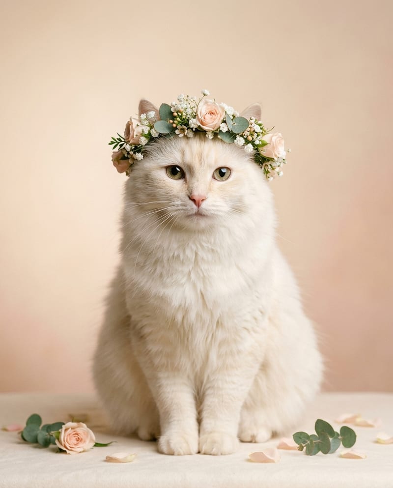 Tableau chat personnalisé : chat blanc portant une couronne de fleurs fraîches sur fond pastel