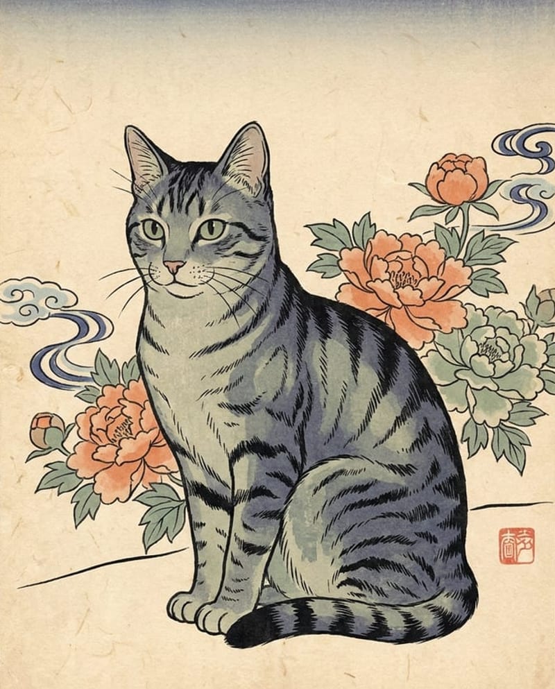 Portrait de chat en estampe japonaise : chat tigré sur papier washi avec pivoines et sceau rouge