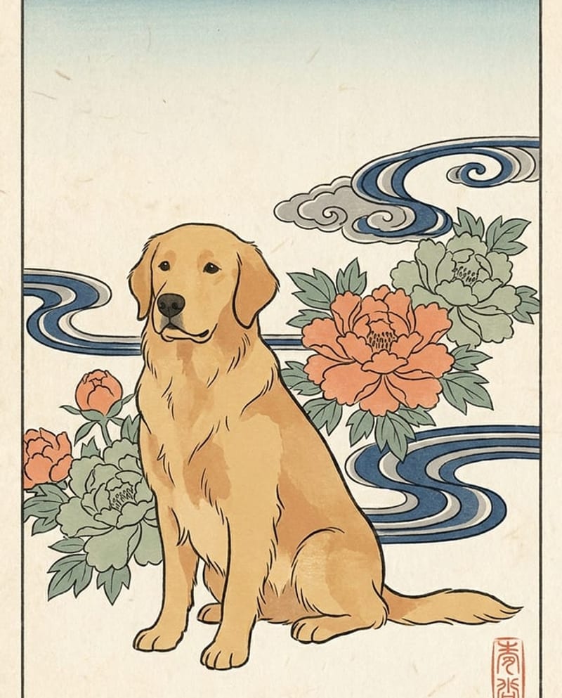 Portrait de chien en estampe japonaise : golden retriever sur papier washi avec pivoines et sceau rouge