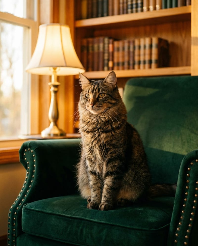 Portrait de chat installé sur un fauteuil de velours vert dans une bibliothèque, lumière chaude de lampe