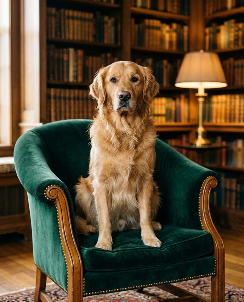 Portrait de chien installé comme un lord sur un fauteuil de velours vert, dans une bibliothèque