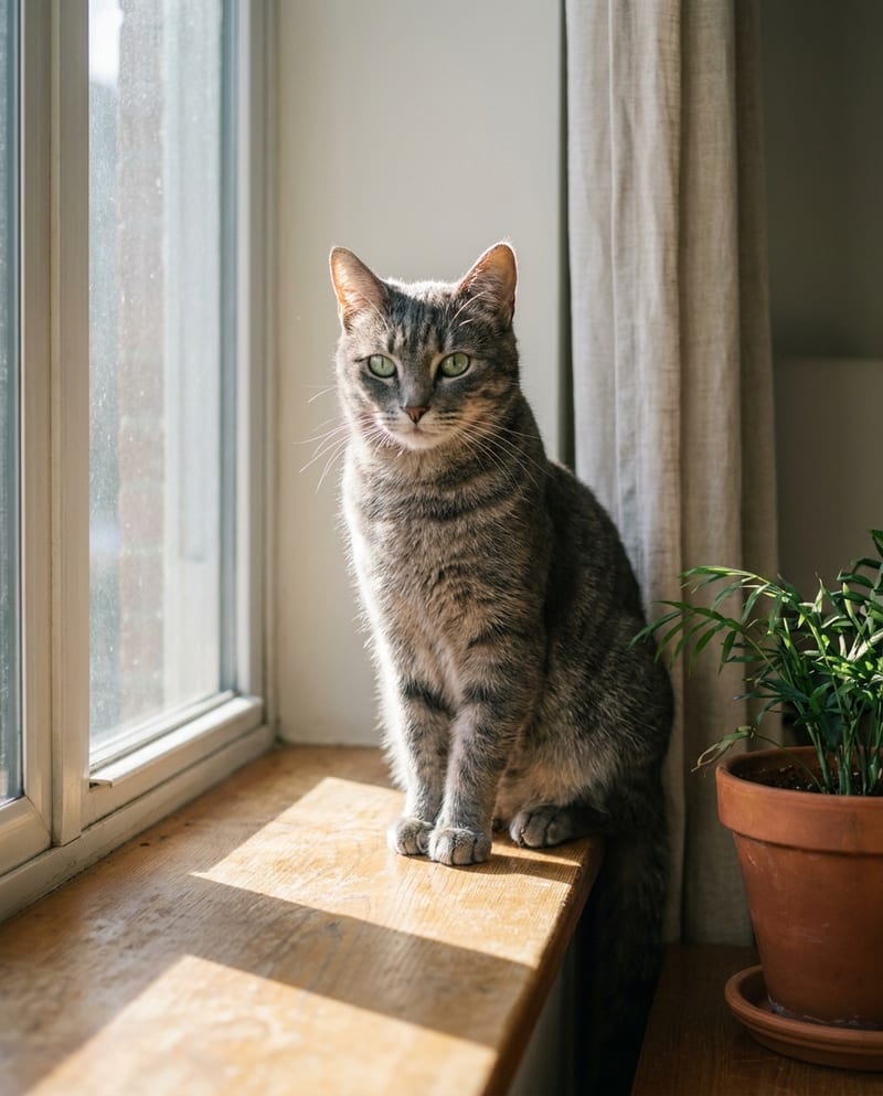 Portrait chat personnalisé au naturel : chat gris tigré aux yeux verts assis sur un rebord de fenêtre en bois, lumière rasante du matin